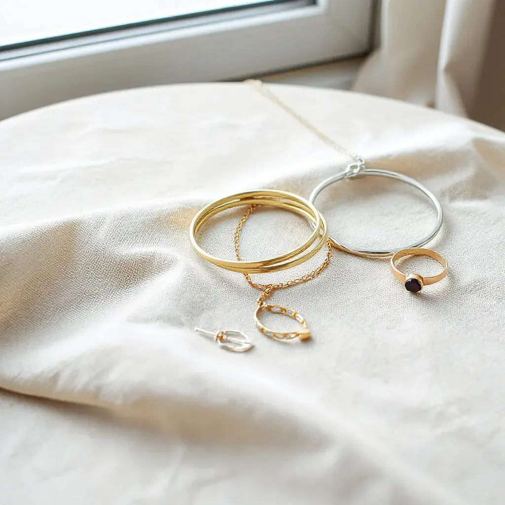 Modern gold and silver jewelry pieces arranged on neutral fabric with geometric earrings and a sleek chain