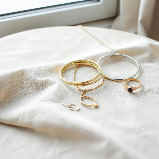 Modern gold and silver jewelry pieces arranged on neutral fabric with geometric earrings and a sleek chain