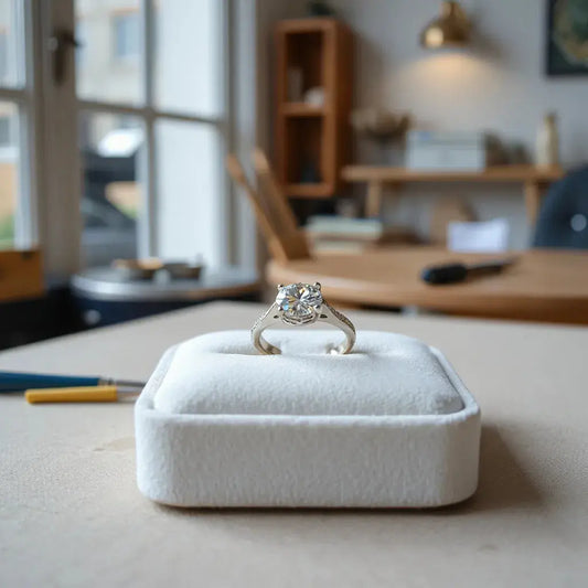 Handcrafted engagement ring with a central diamond on a minimal display stand in soft natural light