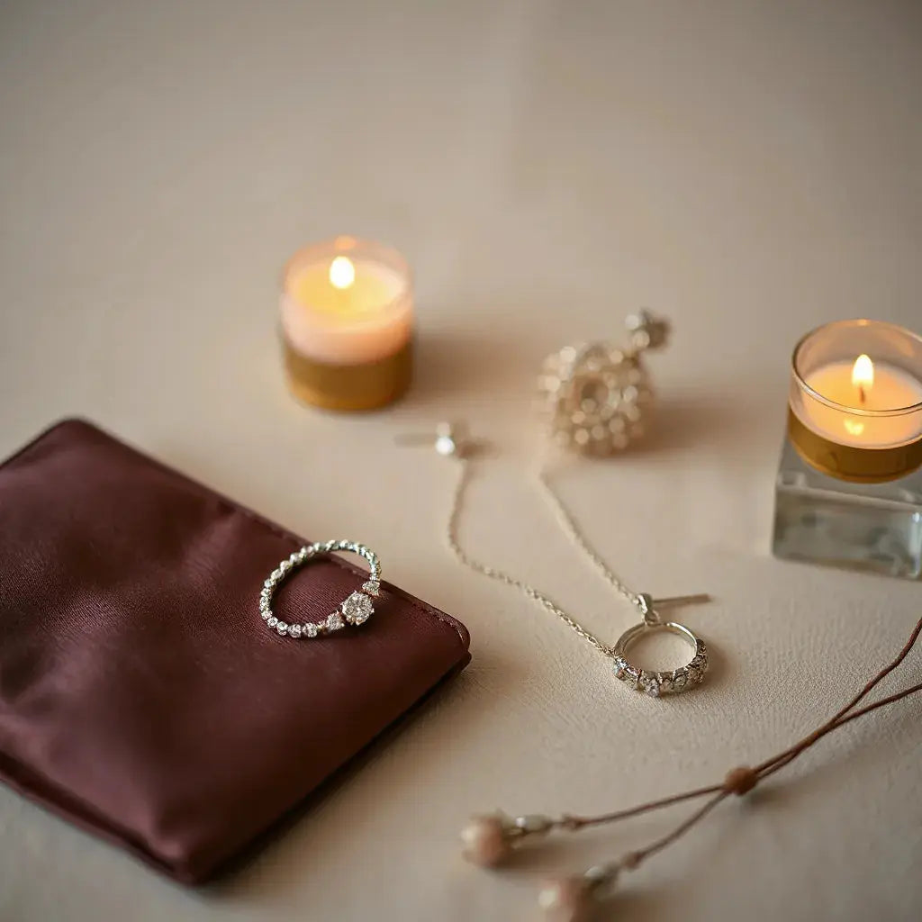 Diamond bracelet, pendant necklace, and drop earrings arranged with an evening clutch on a neutral background
