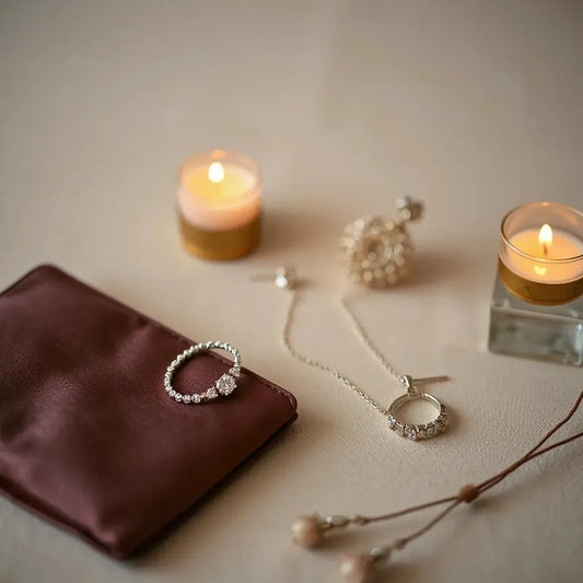 Diamond bracelet, pendant necklace, and drop earrings arranged with an evening clutch on a neutral background