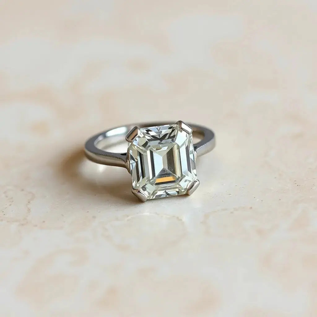 Emerald cut diamond engagement ring with a halo setting on a neutral background