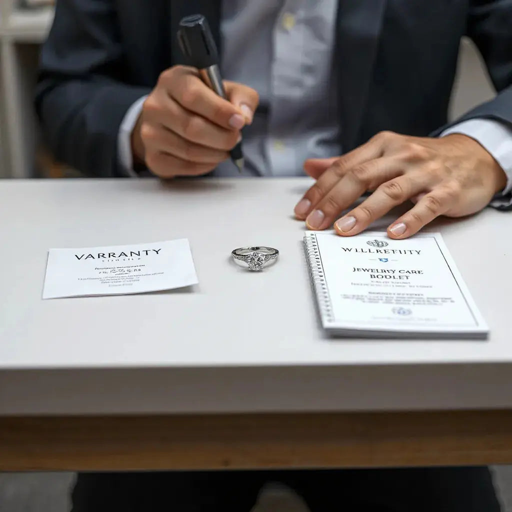 Diamond ring on a jeweler’s bench with a warranty card and care booklet nearby