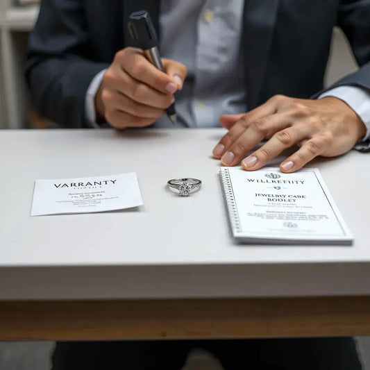 Diamond ring on a jeweler’s bench with a warranty card and care booklet nearby