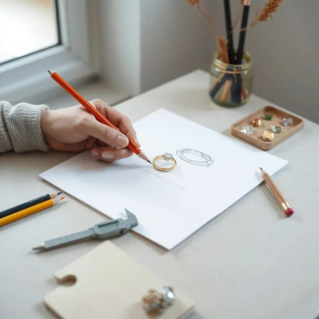 Designer sketch of a ring with gemstones and measuring tools on a clean studio work surface