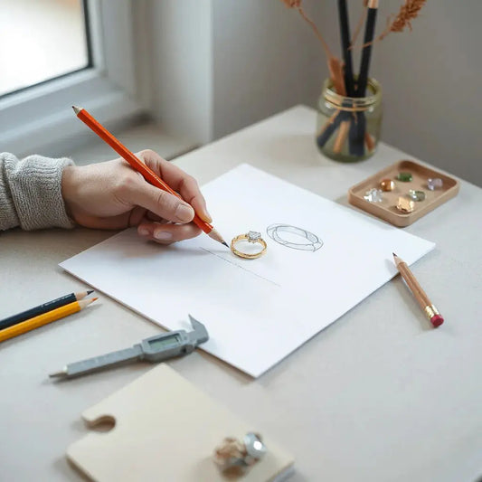 Designer sketch of a ring with gemstones and measuring tools on a clean studio work surface