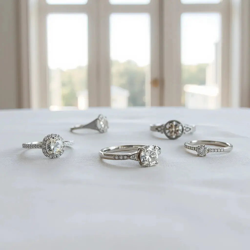 Assorted modern engagement rings with different settings and polished metal bands on neutral fabric