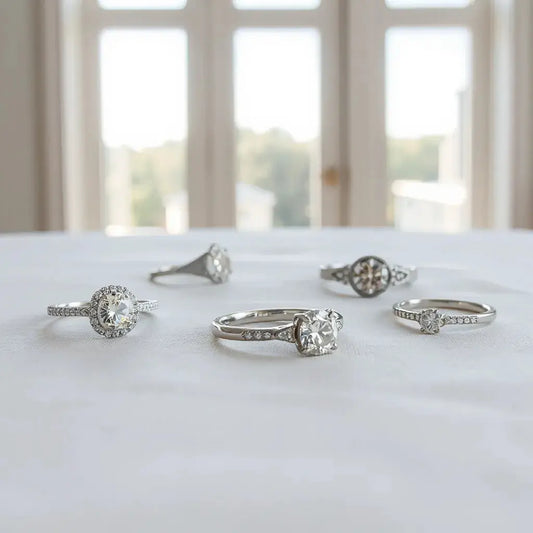 Assorted modern engagement rings with different settings and polished metal bands on neutral fabric