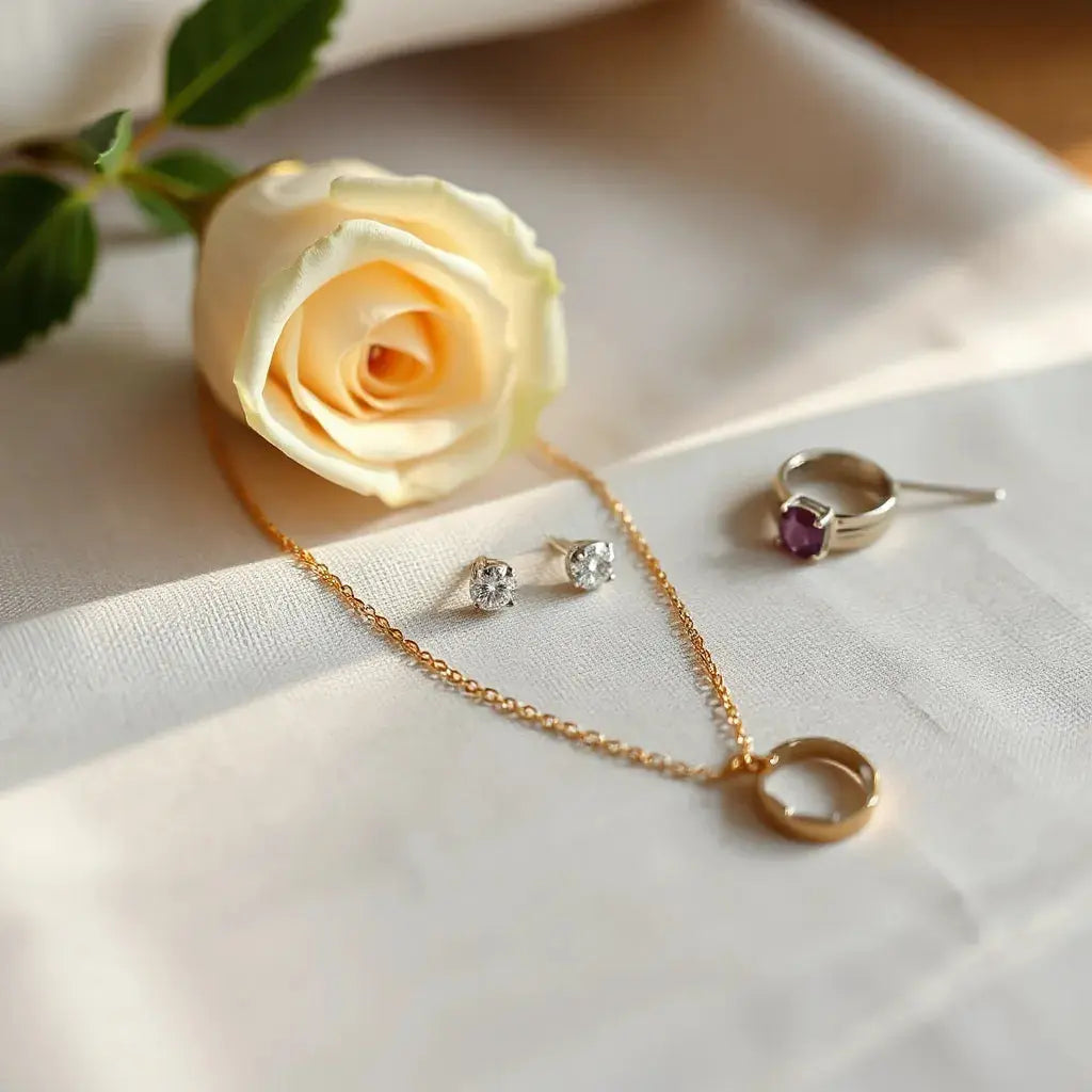 Assorted fine jewellery pieces on neutral fabric with soft warm lighting and shallow depth of field