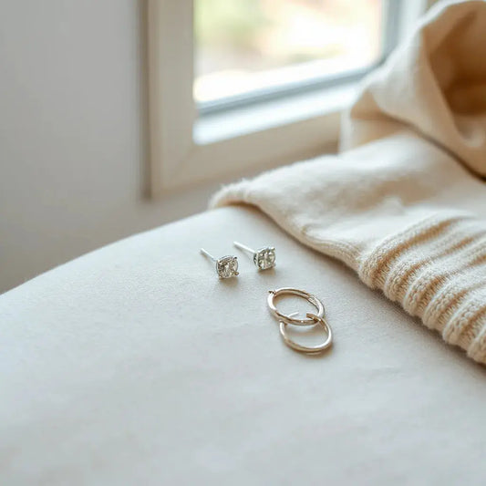 Small diamond stud and hoop earrings styled with a light sweater cuff under natural window light