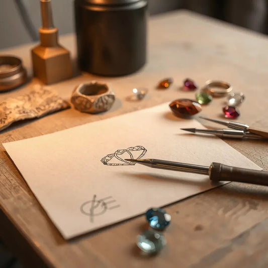 Bespoke jewellery sketch and wax model on a jeweller’s bench with gemstones in soft light