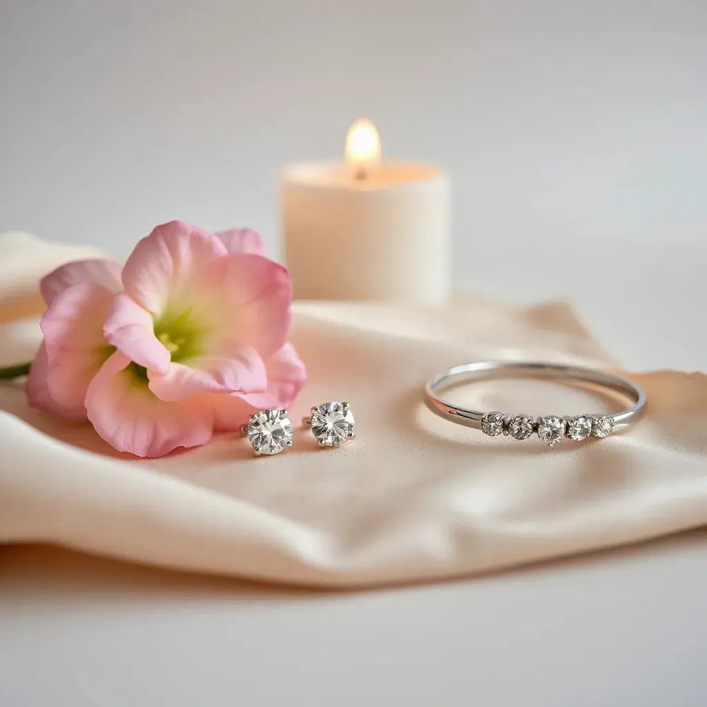 Sparkling diamond earrings, pendant necklace, and bracelet arranged on satin with warm candlelight