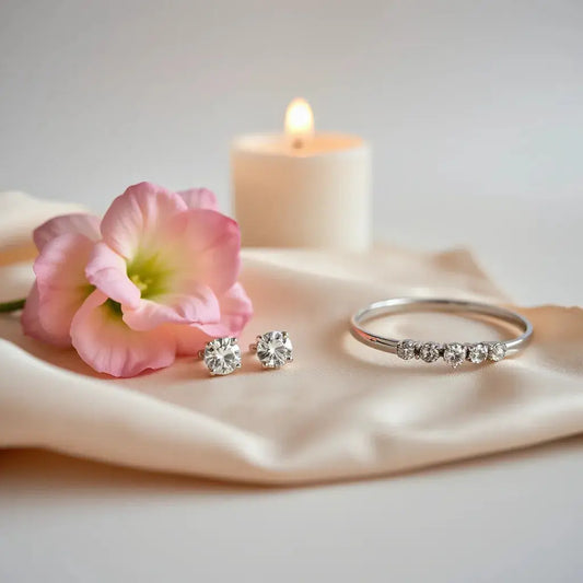 Sparkling diamond earrings, pendant necklace, and bracelet arranged on satin with warm candlelight