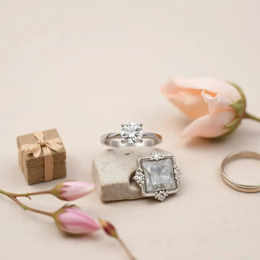 Diamond solitaire engagement ring with a brilliant stone on a light neutral background