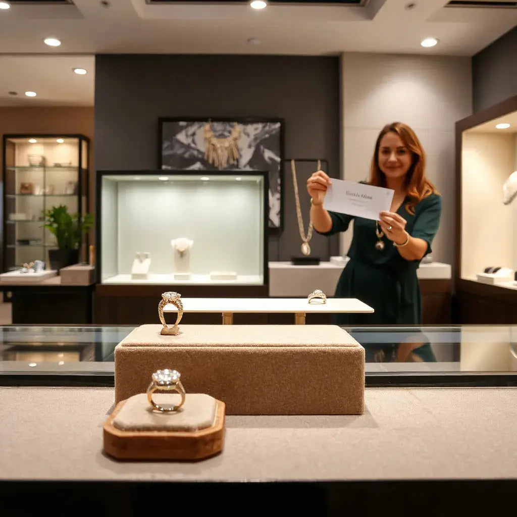 Lit jewelry display with rings and necklaces in a modern store interior