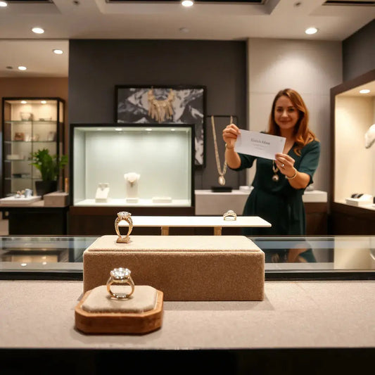 Lit jewelry display with rings and necklaces in a modern store interior