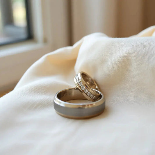Two wedding bands on neutral fabric with an engagement ring nearby in soft natural light