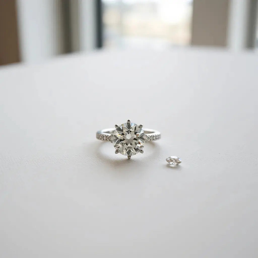 Lab grown diamond engagement ring and loose diamond on a neutral background with soft light