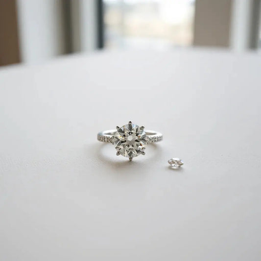 Lab grown diamond engagement ring and loose diamond on a neutral background with soft light
