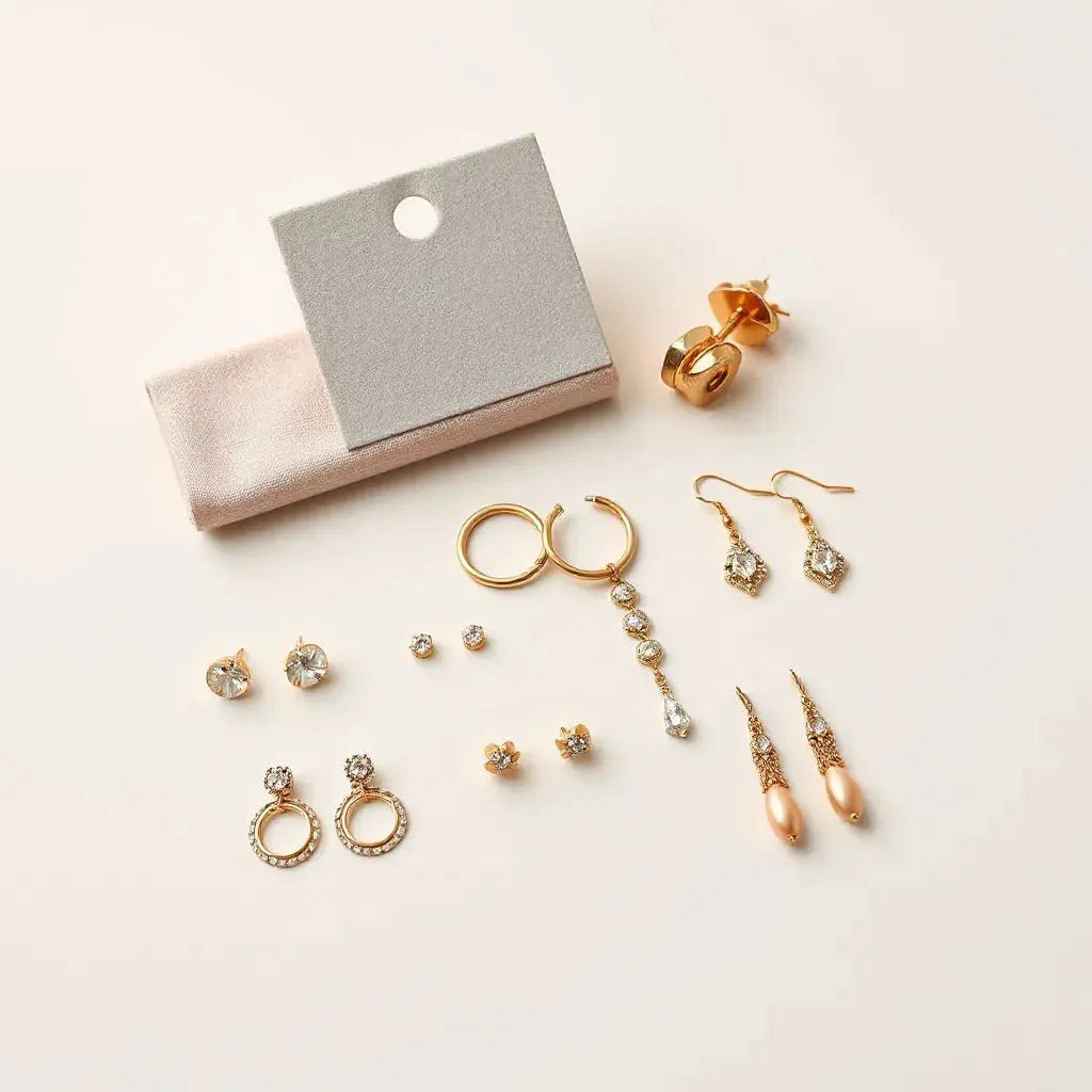 Assorted earrings including studs, hoops, and dangling styles arranged on a neutral background