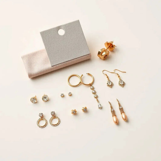 Assorted earrings including studs, hoops, and dangling styles arranged on a neutral background