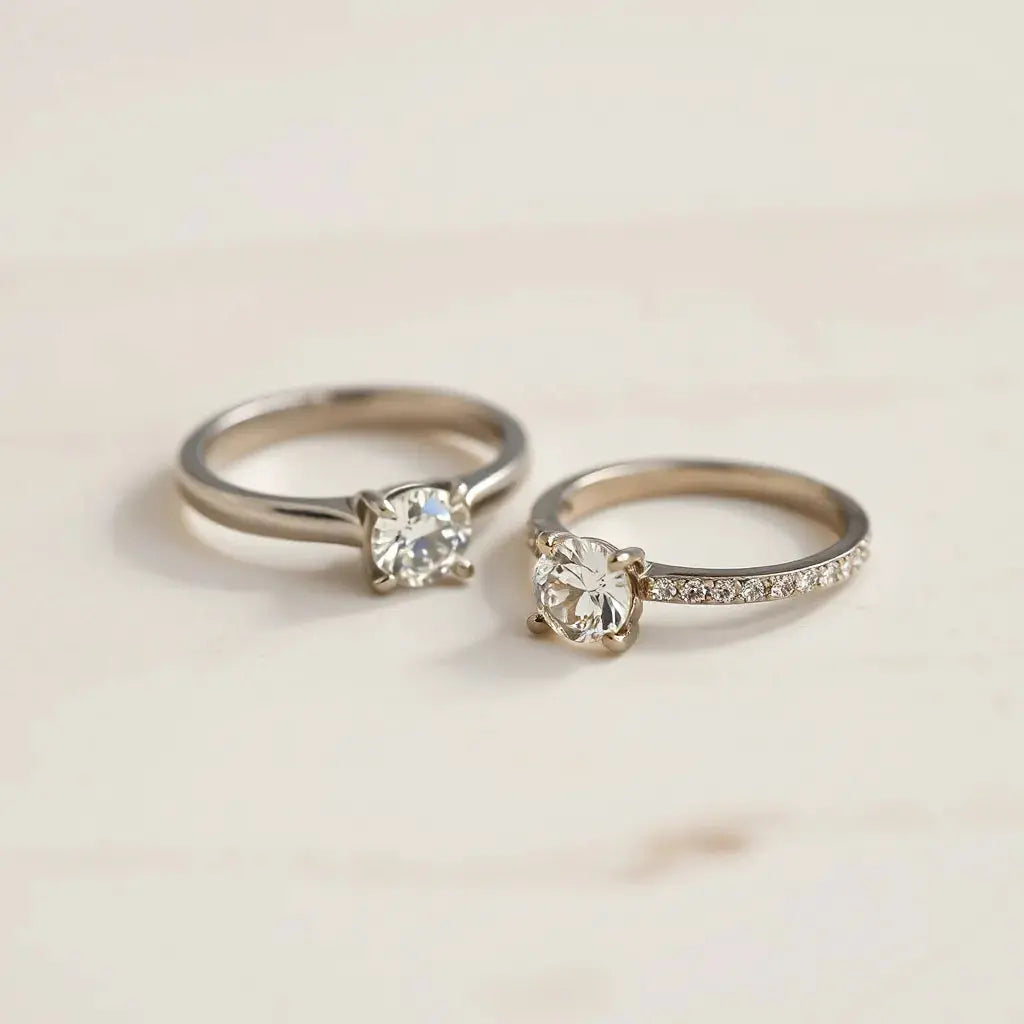 Two luxury engagement rings with diamond solitaire and halo band on a neutral background
