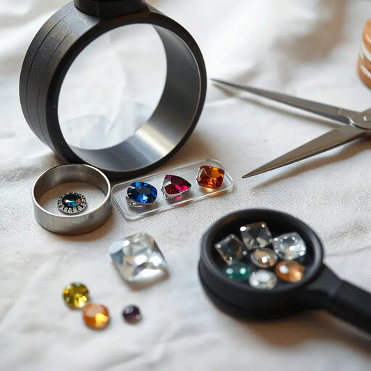 Polished metal band and gemstones on a jeweller’s workbench with a magnifier and tools