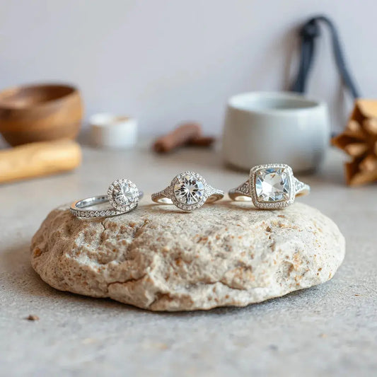 Multiple engagement rings showing distinct halo, bezel, and cathedral settings with gemstones on a neutral surface