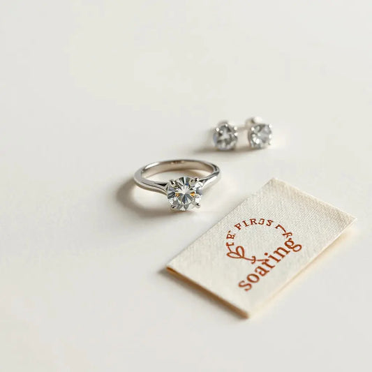 Diamond ring and stud earrings displayed on a neutral background with subtle ethical sourcing elements