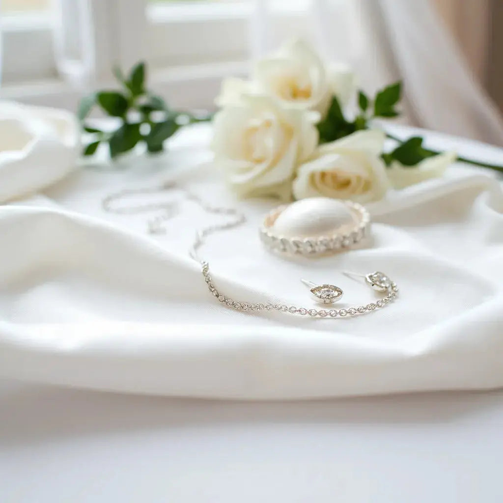 Delicate wedding necklace, earrings, and bracelet arranged on white satin with soft flowers in the background