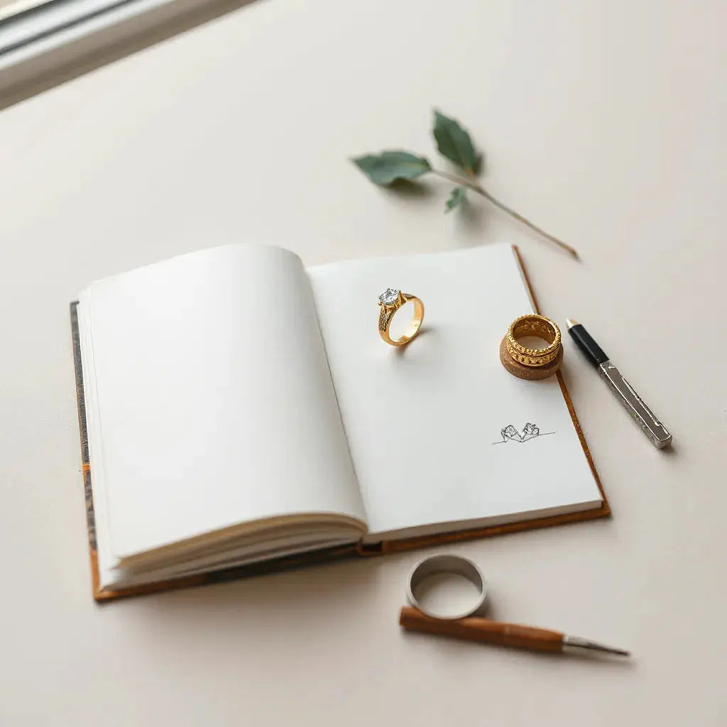 Gold engagement ring on a stand with gemstones and a jeweler’s sketchbook nearby