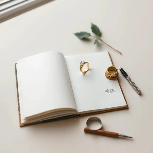 Gold engagement ring on a stand with gemstones and a jeweler’s sketchbook nearby