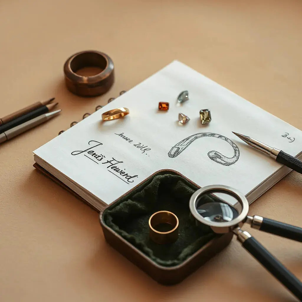 Jeweller’s bench with gemstone samples, a gold setting, tools, and a design sketch in soft light