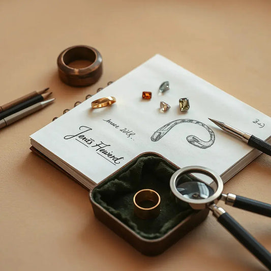Jeweller’s bench with gemstone samples, a gold setting, tools, and a design sketch in soft light