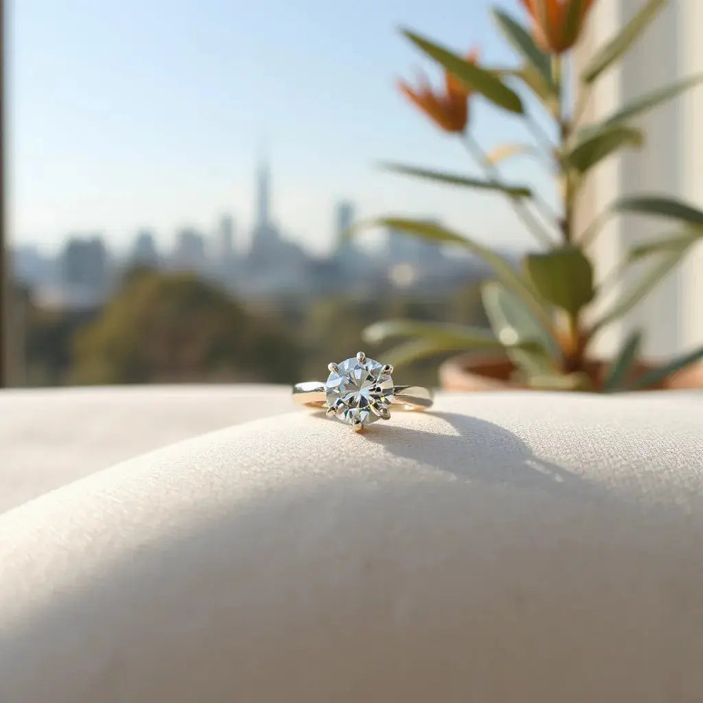 Diamond engagement ring with a sparkling center stone on neutral fabric, softly lit with subtle Australian-inspired background blur