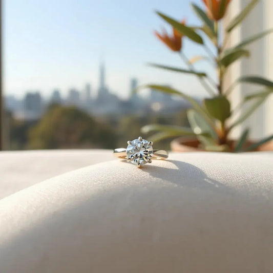 Diamond engagement ring with a sparkling center stone on neutral fabric, softly lit with subtle Australian-inspired background blur