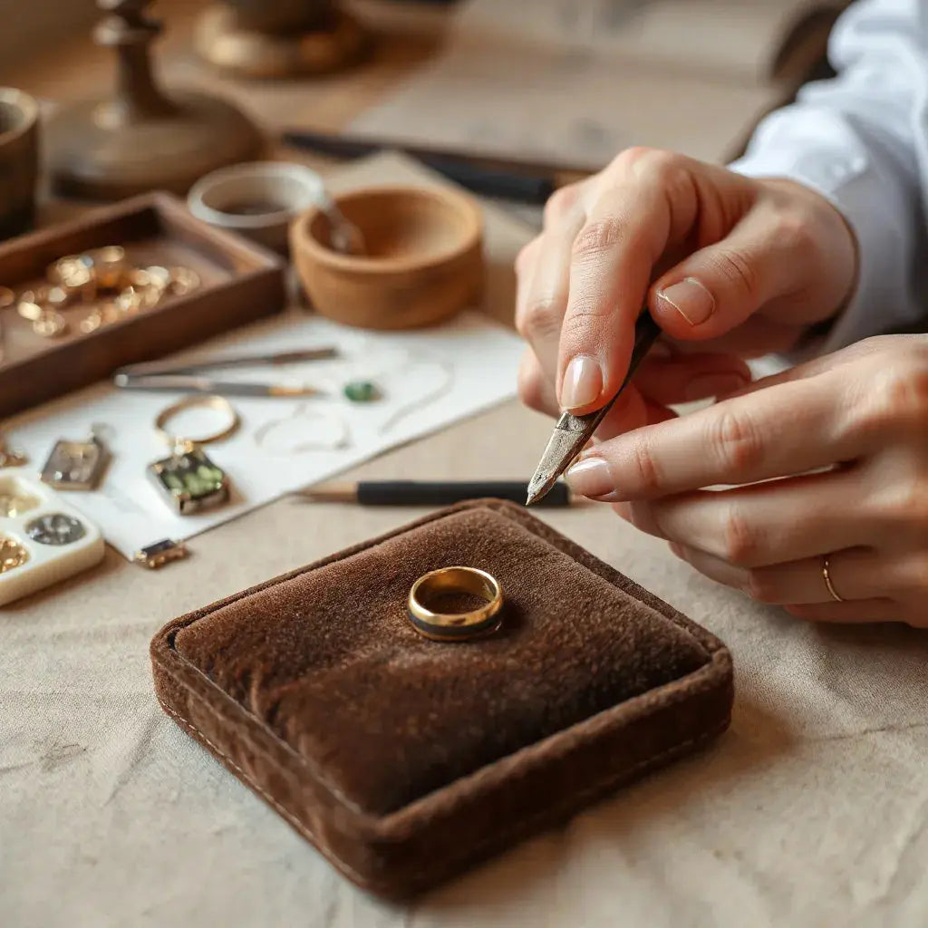 Jeweler’s hands crafting a custom ring on a tidy studio workbench with tools and gemstones nearby