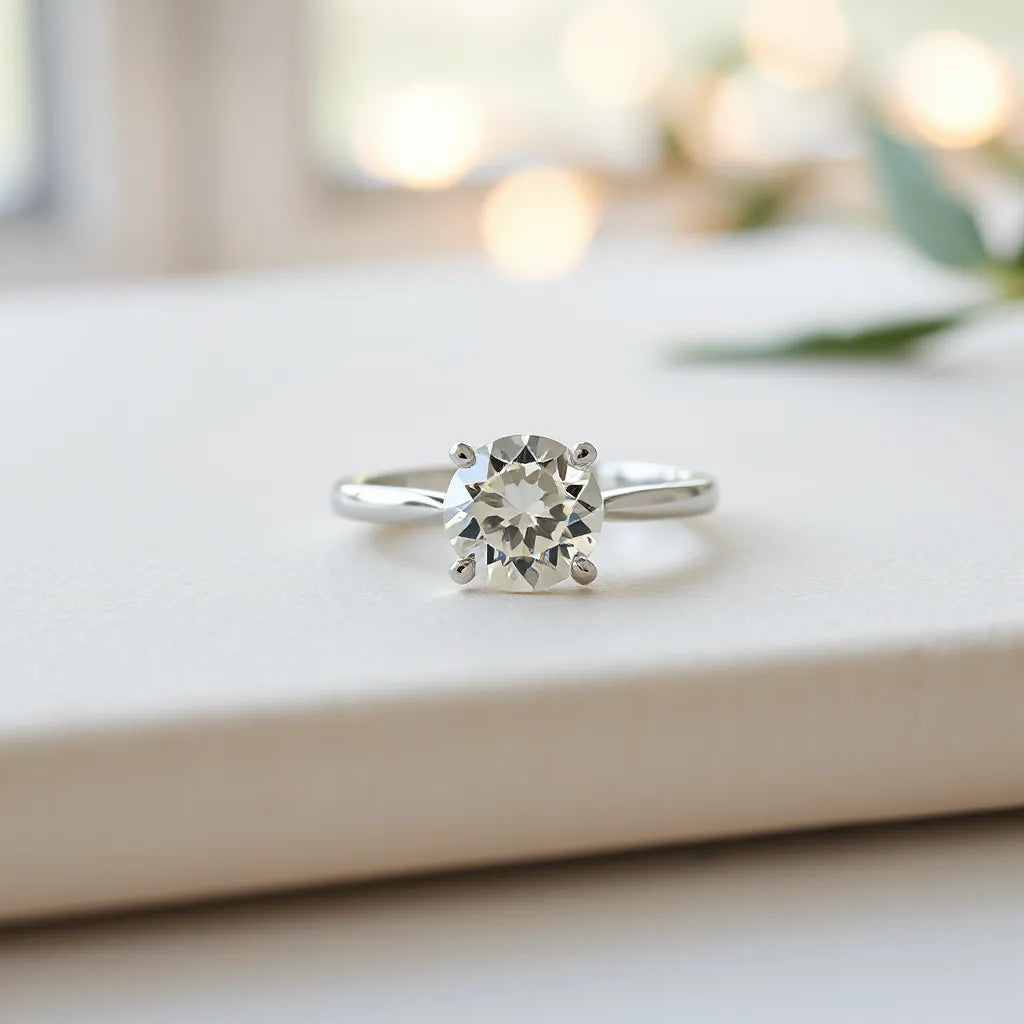 A lab grown diamond solitaire engagement ring with a round center stone on a neutral background