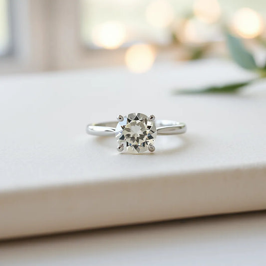 A lab grown diamond solitaire engagement ring with a round center stone on a neutral background