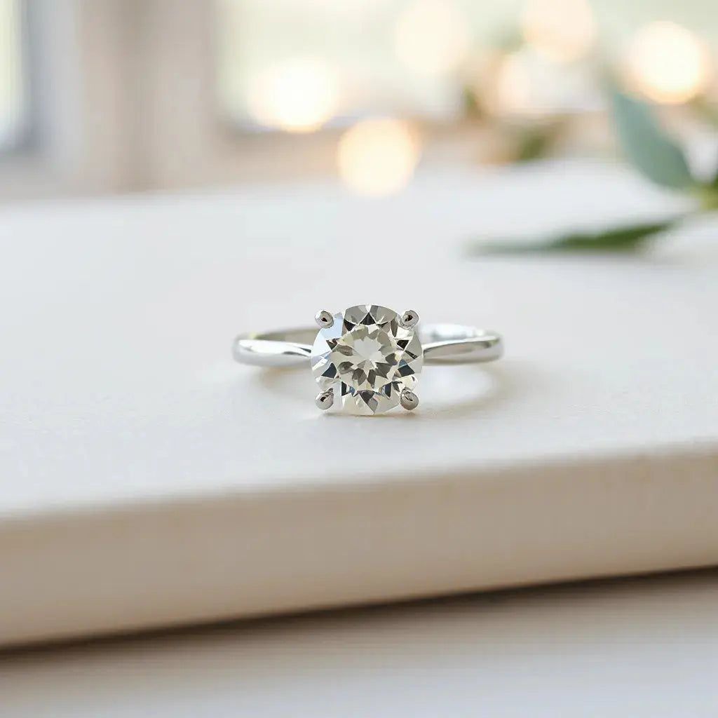 A lab grown diamond solitaire engagement ring with a round center stone on a neutral background