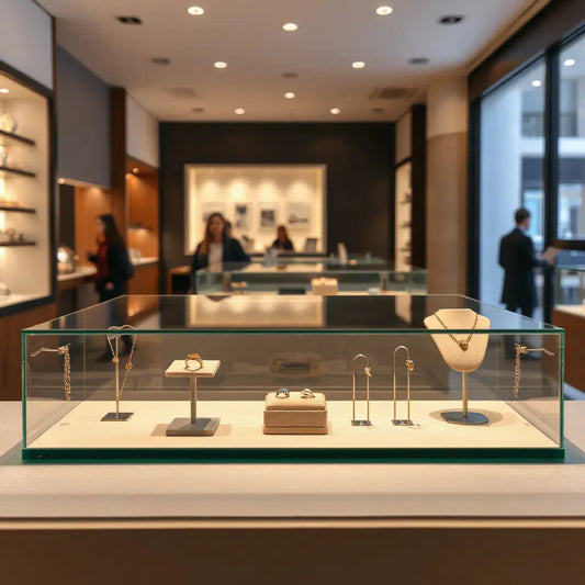 Modern jewellery store display with rings and necklaces and a consultation counter in the background