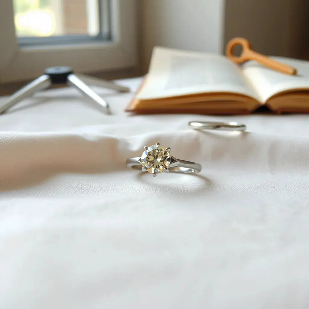 Custom diamond engagement ring with soft halo details on neutral fabric under natural light