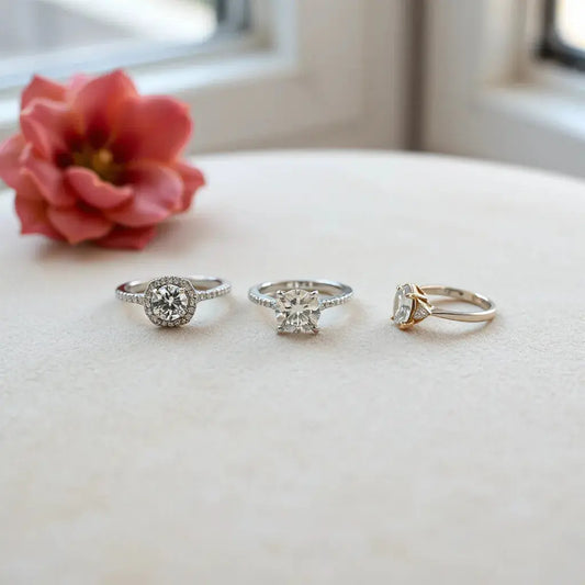 Three distinct engagement rings with different gemstone settings and metal finishes on a neutral velvet background