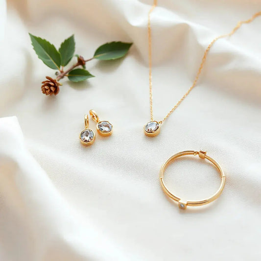 Gold and gemstone earrings, pendant, and bracelet arranged neatly on soft neutral fabric with gentle light