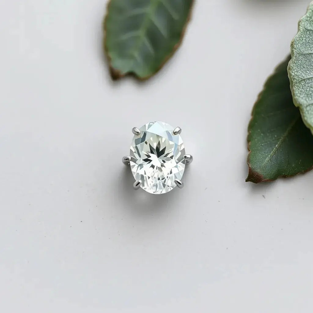 Oval lab-grown diamond with visible facets on a clean jewelry background with soft studio lighting