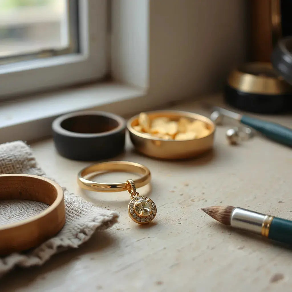 Handcrafted ring and pendant on a jeweler’s bench with tools and soft natural light
