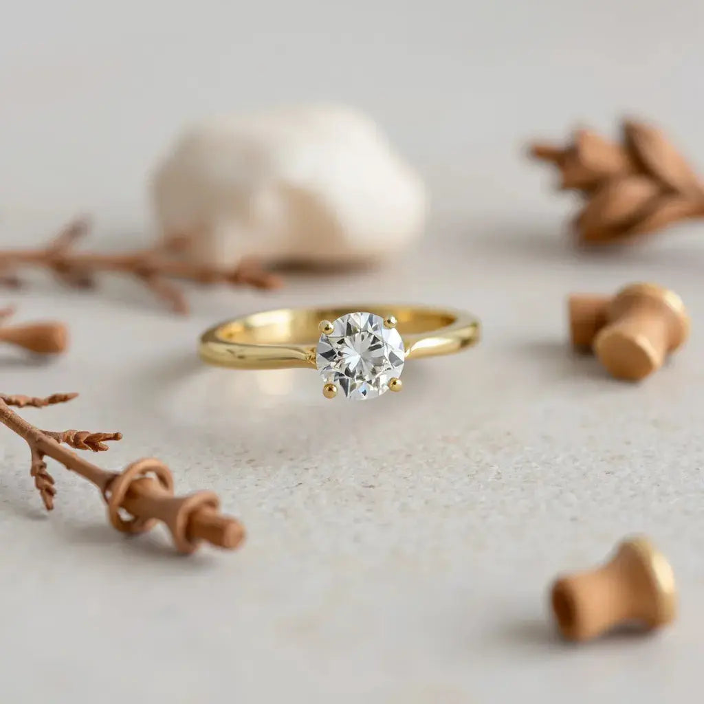 A 14k gold engagement ring with a round diamond centerpiece on a neutral background