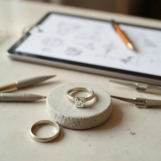 Custom engagement ring on a jeweller’s workbench with tools and blurred design sketches in the background