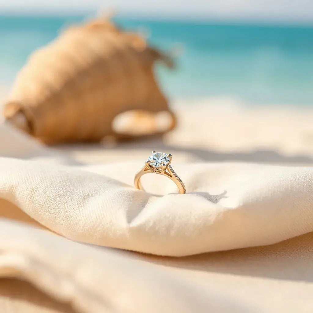 Diamond engagement ring on neutral fabric with a soft tropical sea background blur