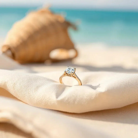 Diamond engagement ring on neutral fabric with a soft tropical sea background blur